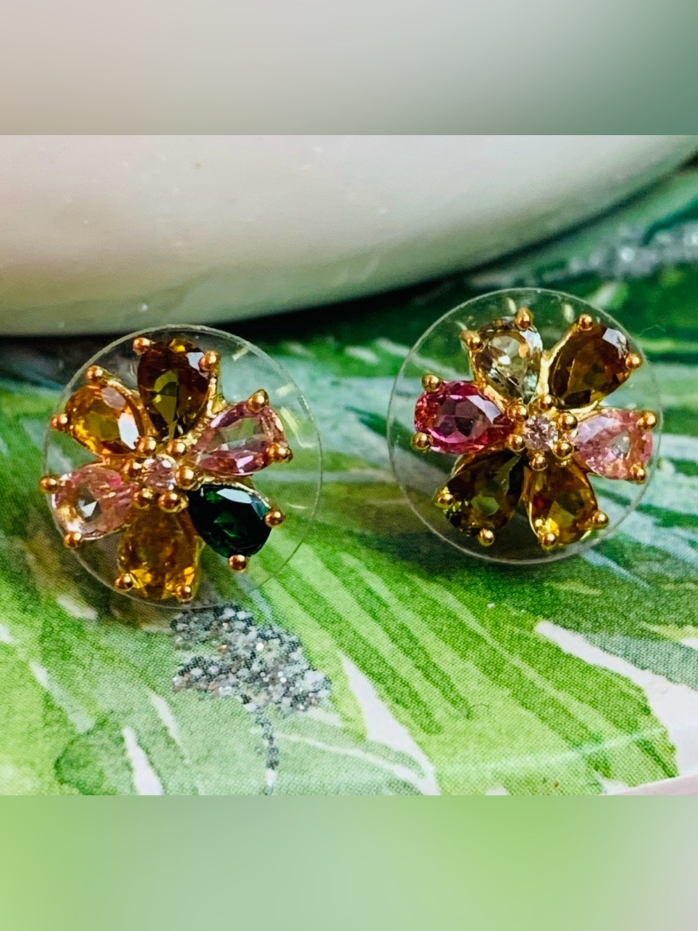 New Genuine colorful tourmaline gold gf earrings studs - Picture 5 of 11